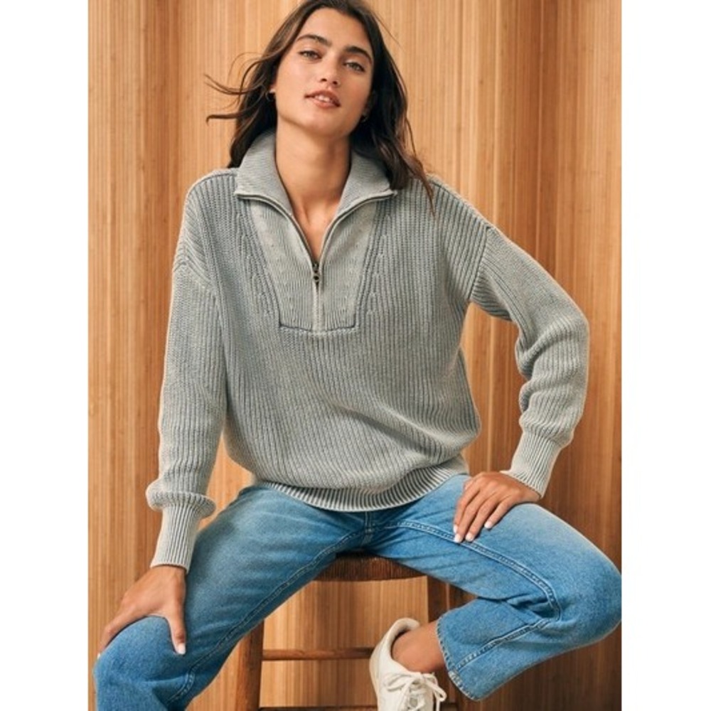 Faherty Quarter Zip Sweater Women Small Gray Organic Cotton Ribbed Pullover